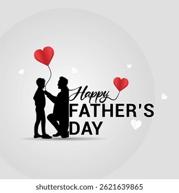 Happy Father's Day illustration featuring father and son holding hands with heart-shaped balloon.
