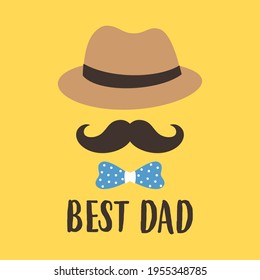 happy fathers day illustration with mustache, tie bow and hat on yellow background, cute card for greetings man