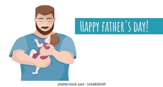  Happy father's day inscription. Fatherhood. The father gently holds the baby in his arms.