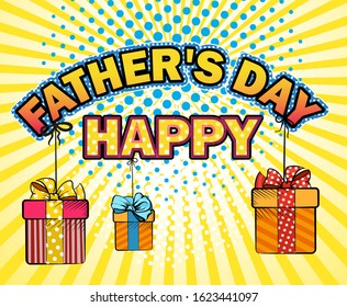 Happy Father's Day Inscription In Pop Art, Retro, Vintage, Realism Style. Advertising Of Products For The Family, Gifts, Promotions, Sales.