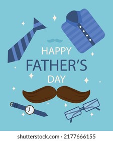 Happy fathers day. Invitation or greeting postcard for beloved daddy. Glasses, mustache and work suit. International holidays, love and care. Poster or banner. Cartoon flat vector illustration