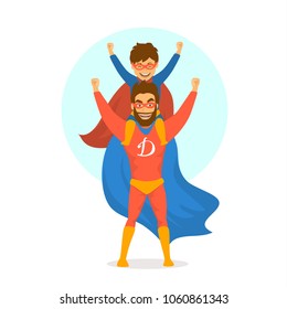 happy fathers day isolated vector illustration cartoon fun scene with dad and son dressed in superhero costumes