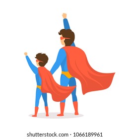 happy fathers day isolated vector illustration cartoon backside view scene with dad and son dressed in superhero costumes