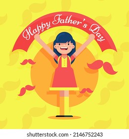 Happy Fathers Day june background girl with placard banner post poster vector mustache design
