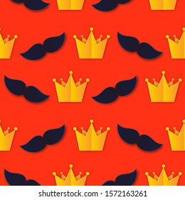 Happy Father's Day King Seamless Papercut Pattern with Men's Accessories: Mustache and Crown Layered Paper Craft flat style. Cool Father, Super Dad fabric layout, cover, label, article. Vector EPS 10