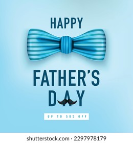 Happy Fathers day Lettering Background with a moustache, bow tie and blue hearts Vector Illustration