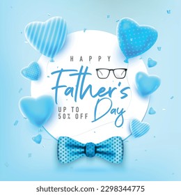 Happy Fathers day Lettering Background with a moustache, bow tie, glasses and blue hearts Vector Illustration