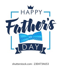 Happy Fathers day lettering banner with blue realistic bow. Concept for Father's Day with handwritten typography and 3D bow tie. Vector illustration