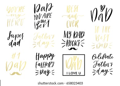 Happy Father's Day lettering in black and gold colors. For label, card, posters, sale advertising, flyer print design. Vector illustration