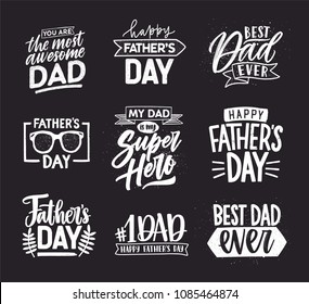 Happy Fathers Day lettering calligraphic compositions. Hand drawn inscriptions on dark background for greeting card. My dad is my super hero, Best dad ever, You are the most awesome dad. 