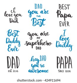 Happy Father's day lettering calligraphy greeting cards set isolated on the white background. Illustration for Fathers Day invitations. Dad's day lettering