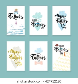 Happy Father's day lettering calligraphy greeting cards set with hat, mustache, bow tie, glasses, tie isolated on the colorful background. Illustration for Fathers Day invitations. Dad's day lettering