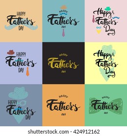 Happy Father's day lettering calligraphy greeting cards set with hat, mustache, bow tie, glasses, tie isolated on the colorful background. Illustration for Fathers Day invitations. Dad's day lettering