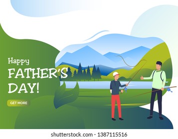 Happy Fathers Day lettering, dad and son holding fishing rods. Holiday, tourism, summer concept. Presentation slide template. Vector illustration for topics like leisure, family, nature