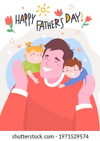 Happy Father's Day lettering and Dad with his daughter and son in his arms. Greeting card for the holiday. Vector illustration in cartoon style