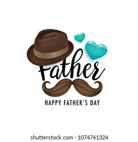 Happy Father's Day lettering design with hat, moustache and 3D hearts