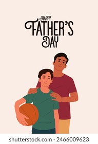 Happy Father's Day lettering with happy father and son playing sports together vector illustration 