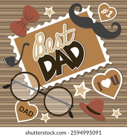 Happy father's day with lettering, glasses, mustache, hat and ribbon