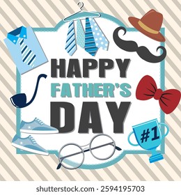 Happy father's day with lettering, hat, mustache, glasses, shirt and necktie