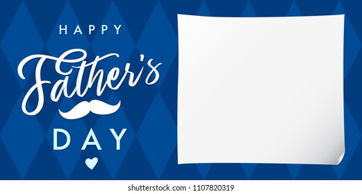 Happy father`s day lettering navy blue banner. Happy Fathers Day calligraphy and mustache on blue background, vector illustration