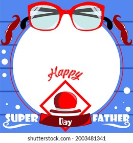 Happy father's day lettering text with glasses and hat on blue  background