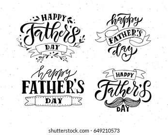 Happy Fathers Day lettering typography set for postcard, card, invitation. Greeting card. Vector illustration EPS 10. Dad, daddy logo, badge, icon. Calligraphy banner on textured background.