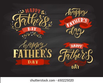 Happy Fathers Day lettering typography set for postcard, card, invitation. Greeting card. Vector illustration EPS 10. Dad, daddy logo, badge, icon. Calligraphy banner on textured background.