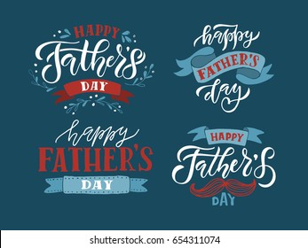 Happy Fathers Day lettering typography set for postcard, card, invitation. Greeting card. Vector illustration EPS 10. Dad, daddy logo, badge, icon. Calligraphy banner on textured background.