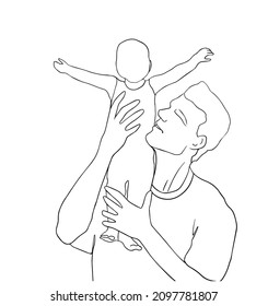 Happy father's day! Father's Day. Line art, doodle. Dad holds the baby in his arms. 