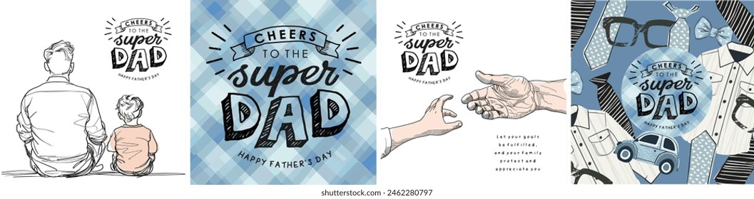 Happy Father's Day. Line art. Vector minimalistic cute illustrations of dad and son, baby and father's hands, logo, plaid fabric for background and pattern for greeting card, postcard, poster or flyer