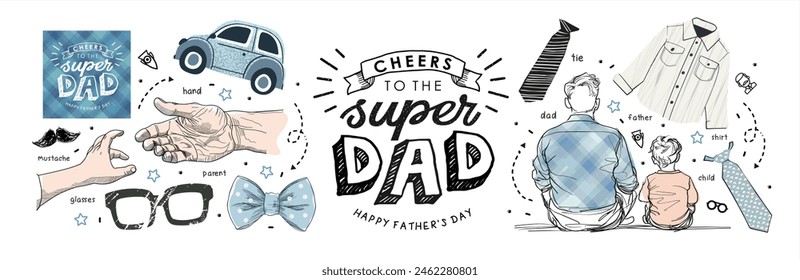 Feliz Día del Padre. Vector minimalista ilustraciones lindas de papá e hijo, manos de bebé y padre, logotipo, coche, camisa, corbata, gafas, corbata de lazo para la tarjeta de felicitación 