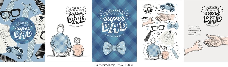 Happy Father's Day. Line art. Vector minimalistic cute illustrations of dad and son, baby and father's hands, logo, plaid fabric for background and pattern for greeting card, postcard, poster or flyer