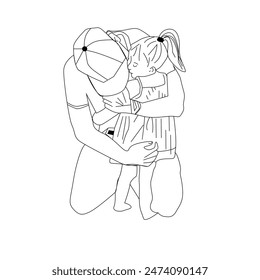 Happy Father's Day, line art. Father and daughter love. Happy Father's Day post, 16th June. Father holding daughter in his arms.