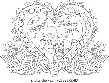 Happy Father's Day Line Art Father and Son in Heart, Black and white line art illustration for Father's Day featuring a father and son inside a decorative heart shape with Happy Father's Day text.