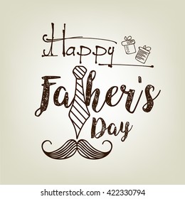 Happy Father's Day line art creative text with tie, gifts and moustache greeting card design.
