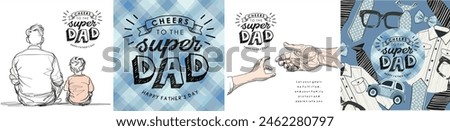 Happy Father's Day. Line art. Vector minimalistic cute illustrations of dad and son, baby and father's hands, logo, plaid fabric for background and pattern for greeting card, postcard, poster or flyer