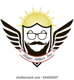 Happy Father's Day logo store glasses, moustache, beard, in the heraldic shield, in vector for design or print