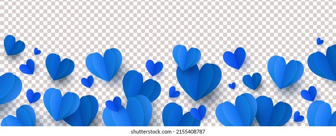 Happy Father's Day love background with long horizontal border made of beautiful falling blue colored paper hearts isolated on background. Happy Fathers Day or Valentines vector illustration