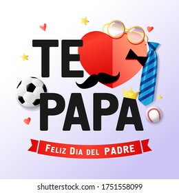 Happy Fathers Day, I love Dad Spanish version with red paper heart, glasses, mustache, striped necktie, black bow tie and ball. Father`s day sale promotion banner. Vector illustration