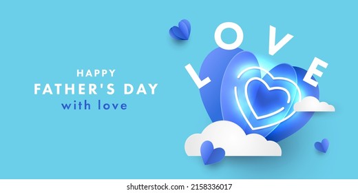 Happy Father's Day with love. Greeting card, web banner, horizontal poster or flyer design with cute flying origami hearts over clouds and neon lighting hearts. Paper art, digital craft style.