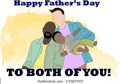 Happy father's day. Happy male gay couple and their adopted son. Lesbian and Gay Parents concept. Modern illustration. Flat style people.
