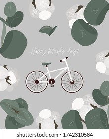 ¡Feliz día del padre! Tarjeta de saludo masculina para papá con bicicleta sobre fondo gris con eucalipto y algodón. Bonita tarjeta plana vectorial para el día del padre.