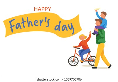 Happy Father's day. Man carries son on his shoulders, girl riding a bike. Boy starts a paper plane. Family on a walk. Concept outdoor active lifestyle. Colorful flat illustration, vector