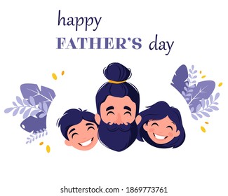 Happy Father's Day. Man with daughter and son. Vector illustration.