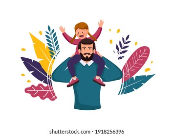 Happy father's day. A man with a daughter on his shoulders. Father's Day greeting card, banner concept.