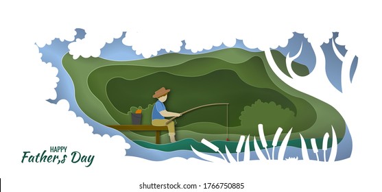 Happy father's day. Man fishing. Happy father s day card. Paper cut style. Vector illustration