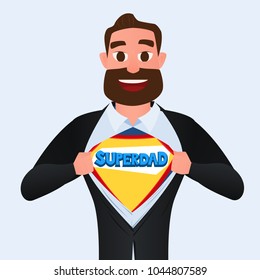 Happy Father's Day. Man open shirt to show SUPER DAD. Cartoon Vector Illustration.
