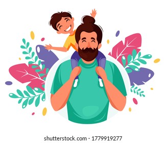 Happy Father's Day. Man with son in his shoulders. Father's Day greeting card. Vector illustration