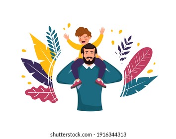 Happy Father's Day. Man with son in his shoulders. Father's Day greeting card, banner concept. Cartoon Vector Illustration.