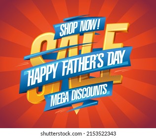 Happy Father's day mega discounts, vector sale web banner template with ribbons and rays